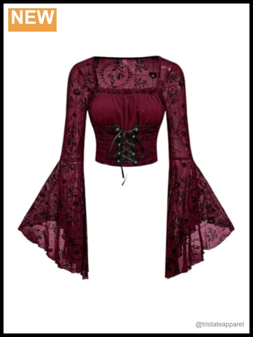 Gothic Bell Sleeve Crop Top Square Neck Floral Mesh Top
